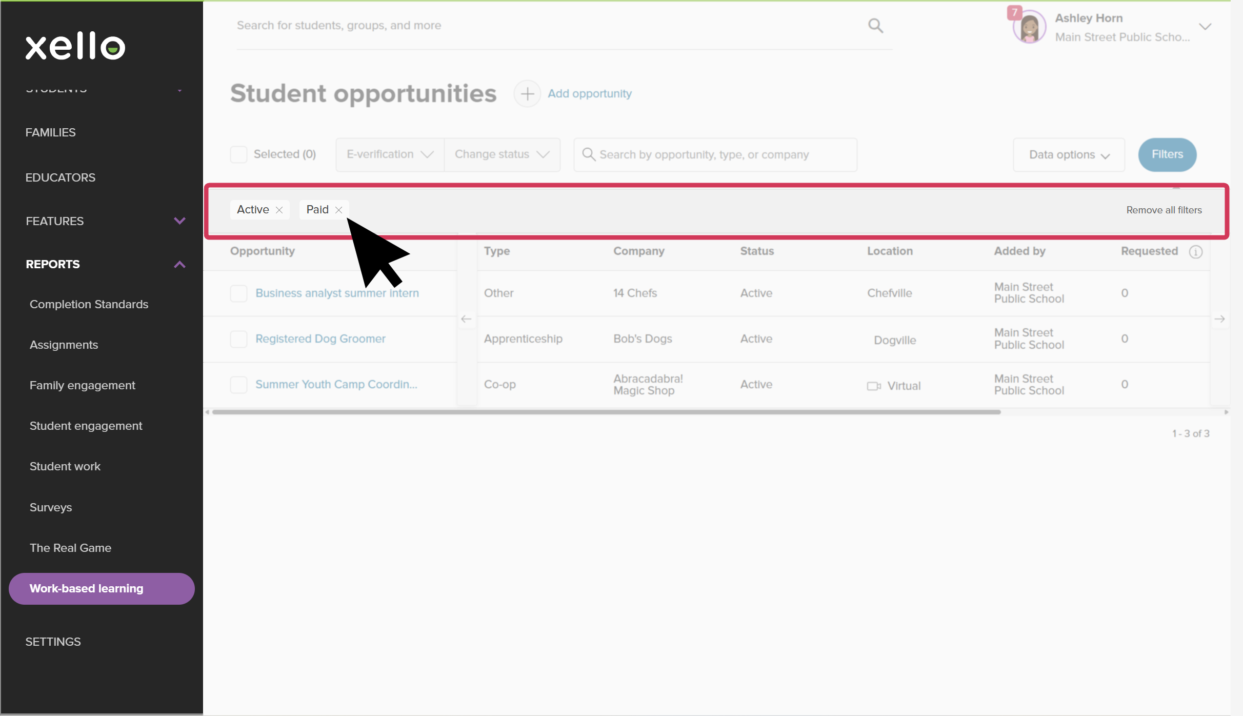 Student opportunities report is open. The cursor is clicking next to an applied filter to remove it.